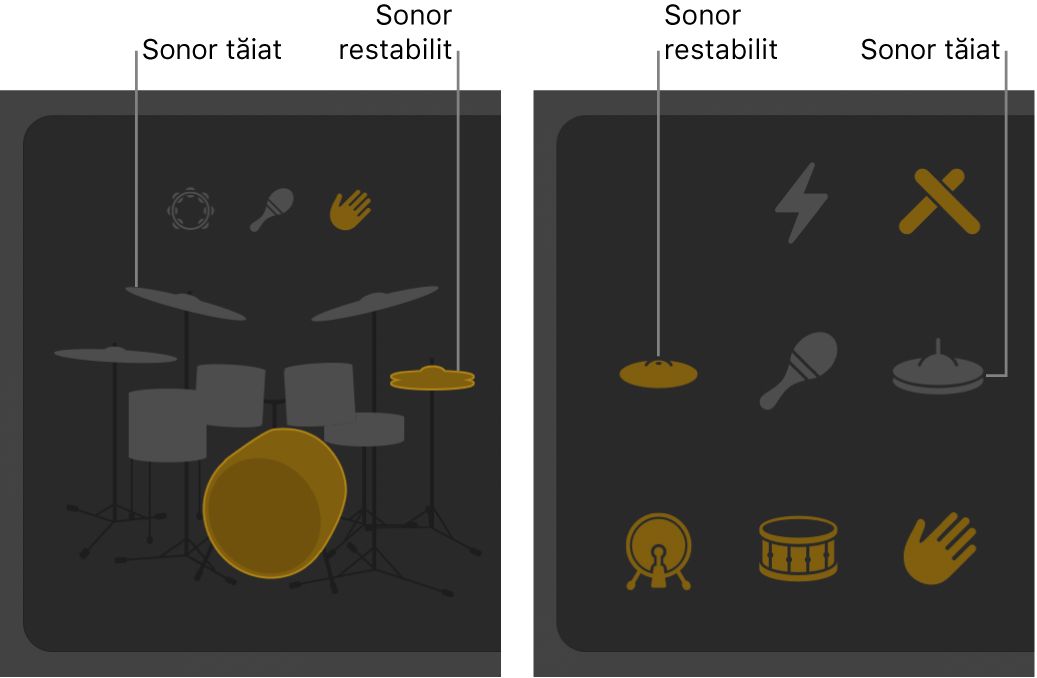 Editorul Drummer afișând setul de tobe cu sonor tăiat sau restabilit.