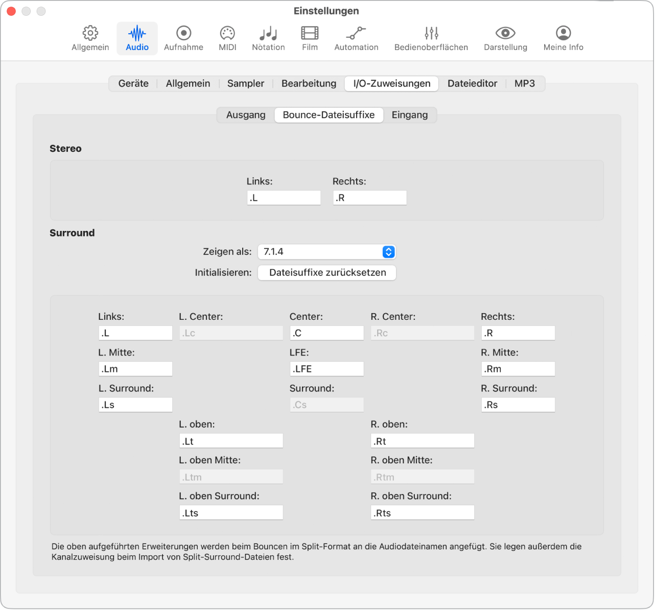 Abbildung. Einstellungsbereich „Audio“ > „I/O-Zuweisungen“ > „Bounce-Dateisuffixe“.