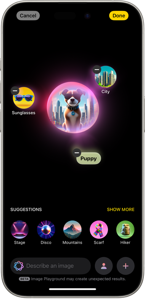نافذة تطبيق Image Playground تعرض صورة تم إنشاؤها لكلب يرتدي زي نظارة شمسية.