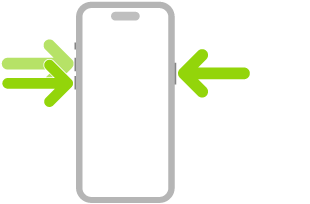 رسم توضيحي للـ iPhone مع أسهم تشير إلى الزر الجانبي في أعلى الجزء الأيمن وزرا رفع وخفض مستوى الصوت في أعلى اليسار.