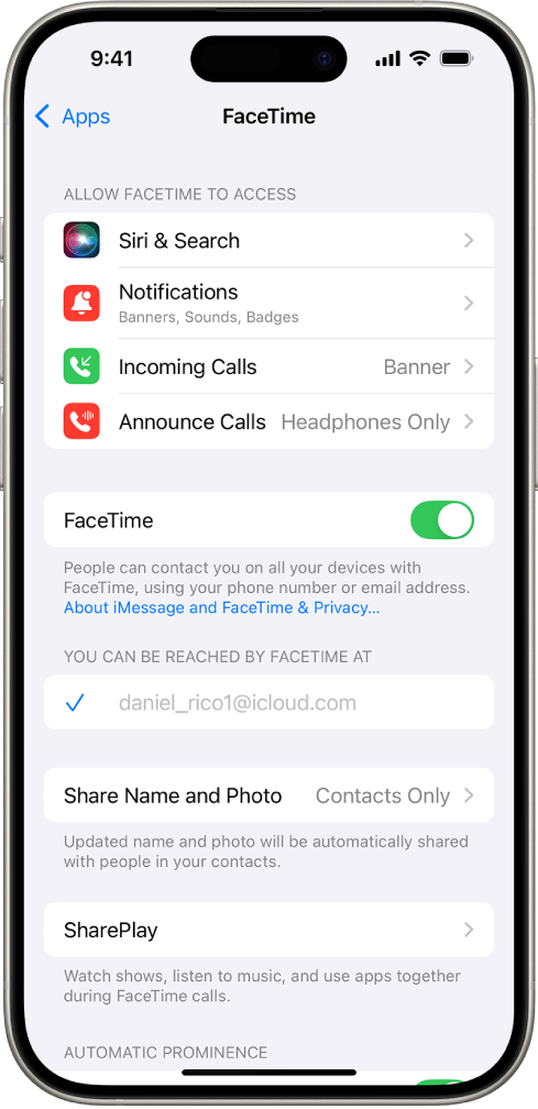 FaceTime সেটিংস স্ক্রিনে FaceTime চালু বা বন্ধ করার স্যুইচ এবং FaceTime-এর জন্য ব্যবহৃত আপনার Apple অ্যাকাউন্টের ফিল্ড দেখা যাচ্ছে।