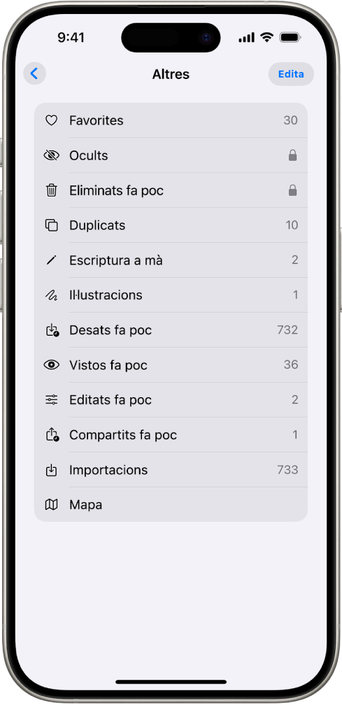 A l’app Fotos, s’obre la col·lecció “Altres” amb una llista de col·leccions de fotos.