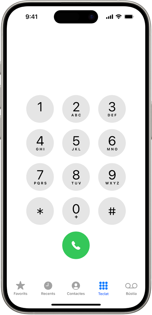 El teclat de l’app Telèfon amb els números de l’1 al 9. A sota del teclat hi ha el botó verd de trucada. A la part inferior apareixen els botons “Favorits”, “Recents”, “Contactes”, “Teclat” (seleccionat) i “Bústia”.