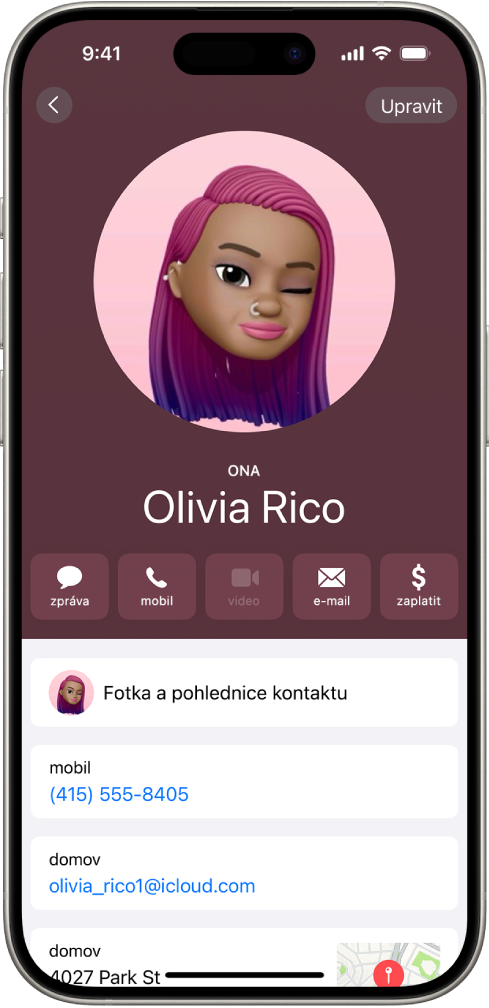 Kontakt se jménem Olivie Ryšavá a tvary zájmena „she“, „her“ a „hers“ pod fotkou kontaktu. Pod jménem se nacházejí tlačítka pro poslání zprávy, volání, odeslání mailu a použití služby Apple Pay. V dolní části obrazovky je vidět číslo mobilního telefonu a e‑mailová adresa kontaktu.