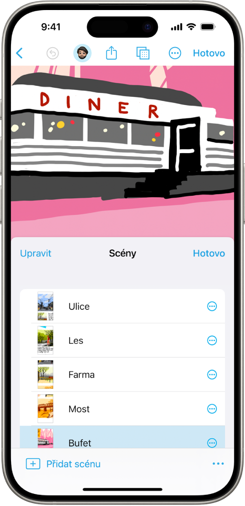 Scéna v aplikaci Freeform s Navigátorem scén v pravém dolním rohu.