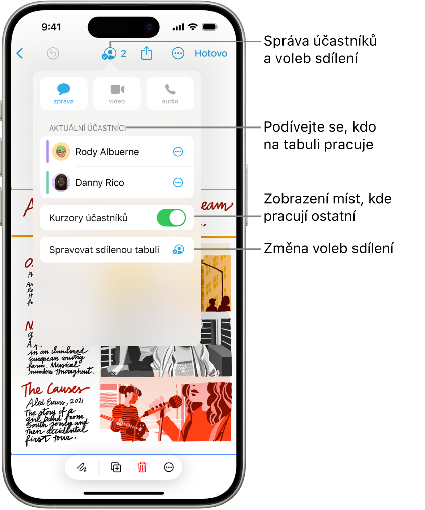 Sdílená tabule aplikace Freeform na iPhonu s otevřenou nabídkou pro spolupráci