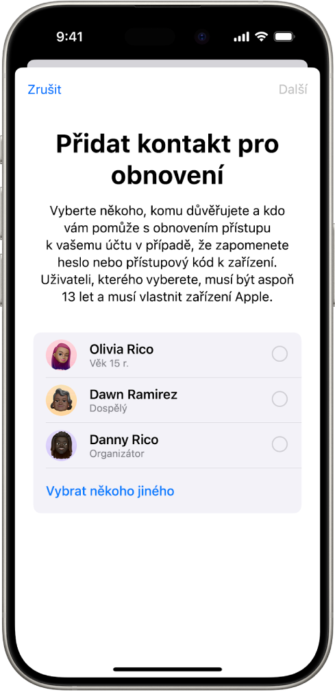 Obrazovka „Přidat kontakt pro obnovení“ s návrhy kontaktů, které můžete vybrat jako kontakty pro obnovení, a s volbou umožňující vybrat jiný kontakt