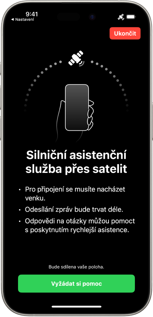 Obrazovka silniční asistenční služby přes satelit. V dolní části obrazovky je vidět tlačítko Vyžádat si pomoc.