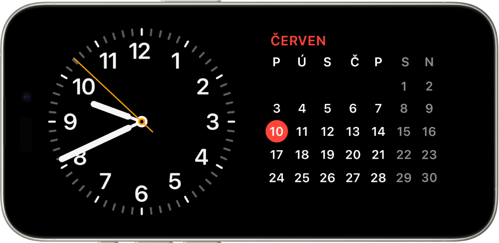 iPhone natočený ve vodorovné poloze. Na levé straně obrazovky jsou vidět hodiny a na pravé straně datum.