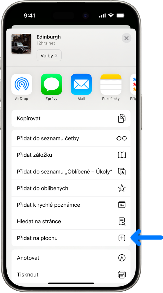 V Safari se po klepnutí na tlačítko Sdílet na webové stránce zobrazil seznam voleb, mimo jiné Přidat na plochu