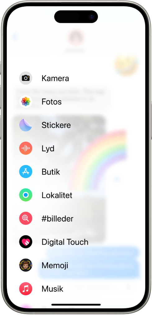 Når du har trykket på knappen Apps i en samtale i Beskeder, vises en liste over funktioner, du kan føje til din besked.