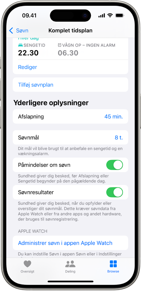 Området med yderligere oplysninger på skærmen Komplet søvnplan.