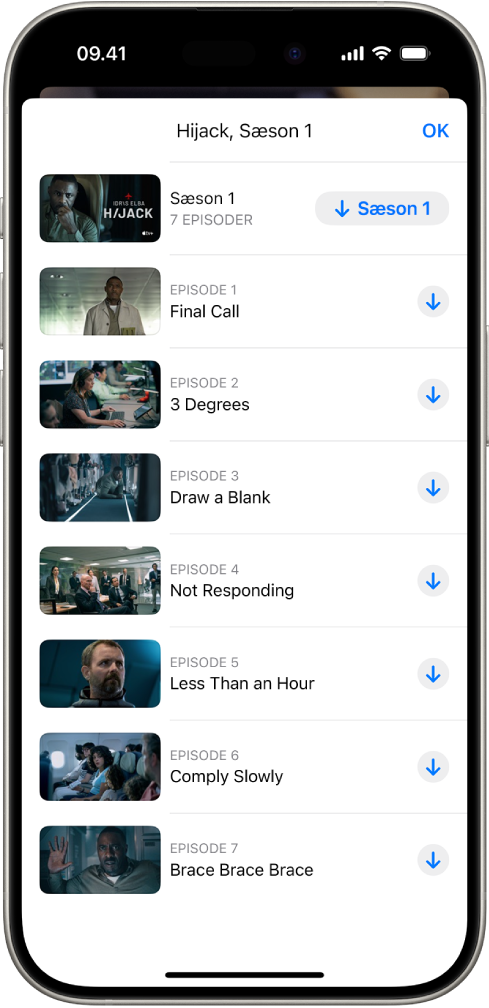 Fanen Apple TV+, som viser en liste over episoder i en Apple Original. Knapper til at hente hele sæsonen og hver episode vises til højre på skærmen.
