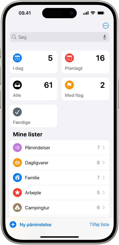 En skærm i Påmindelser, der viser søgefeltet øverst og flere lister nedenunder.