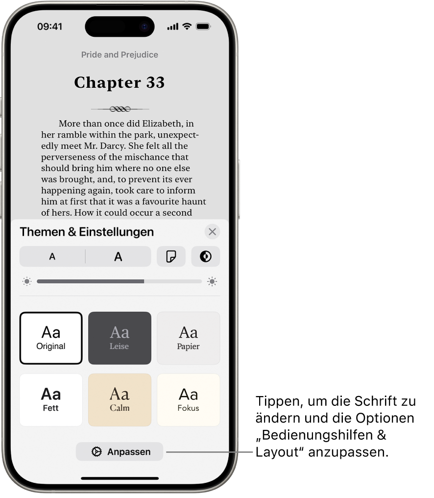 Eine Buchseite in der App „Bücher“. Die Optionen „Themen & Einstellungen“ mit Steuerelementen für Schriftgröße, Scrollansicht, Stil zum Umblättern, Helligkeit sowie Schriftoptionen