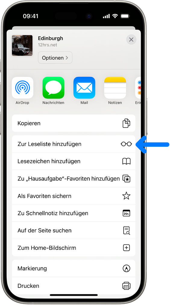 In Safari wurde auf einer Webseite auf die Taste „Teilen“ getippt und eine Liste mit Optionen, einschließlich „Zur Leseliste hinzufügen“, wird angezeigt.