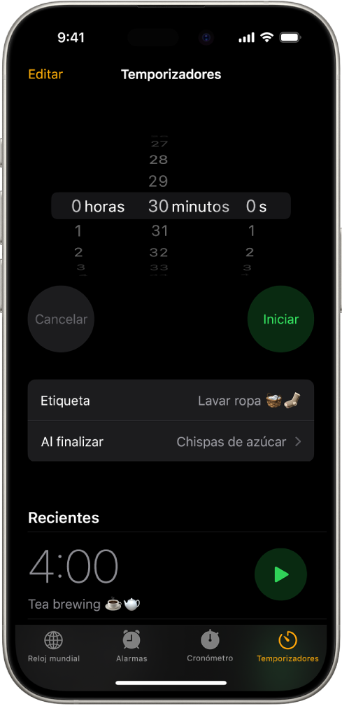 Una pantalla para agregar un temporizador, con opciones para establecer un temporizador y para empezar un temporizador que se creó recientemente.