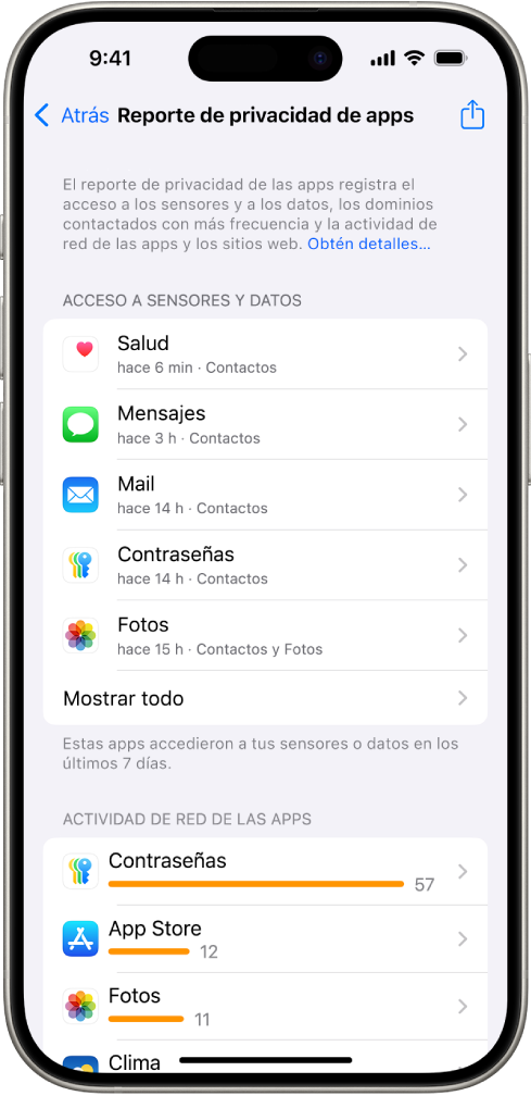 Un reporte de privacidad de apps mostrando información sobre apps de la categoría Acceso a sensores y datos, así como información sobre apps para la categoría Actividad de red de las apps.
