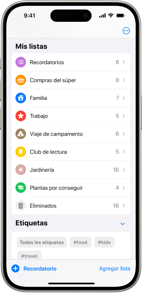 La app Recordatorios con varias listas y el explorador de etiquetas en la parte inferior.