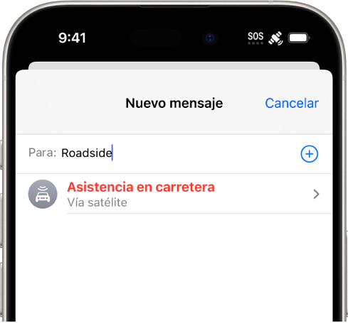 Un mensaje nuevo dirigido a “asistencia en carretera”. Debajo hay un enlace para la Asistencia en carretera por satélite.