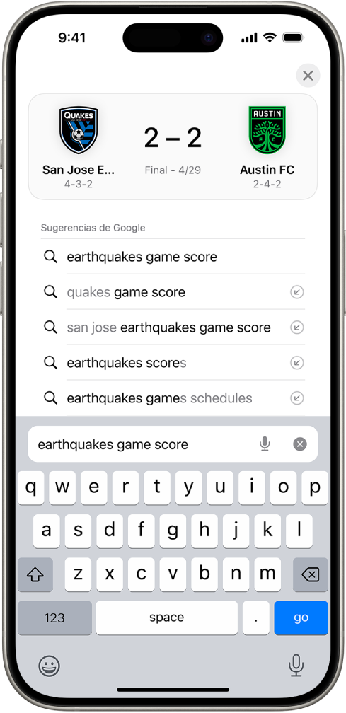 Una pantalla de búsqueda de Safari con el teclado en pantalla en la parte inferior. Arriba del teclado, el campo de texto dice “resultado del partido de los earthquakes”.