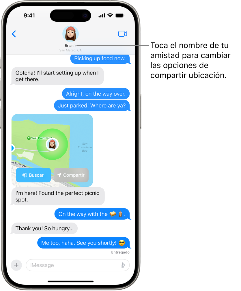 Conversación de la app Mensajes con una ubicación compartida mediante la búsqueda de precisión.