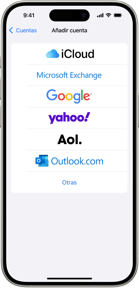 La pantalla “Añadir cuenta”, con opciones para seleccionar entre iCloud, Microsoft Exchange, Google, Yahoo, AOL u Otra.