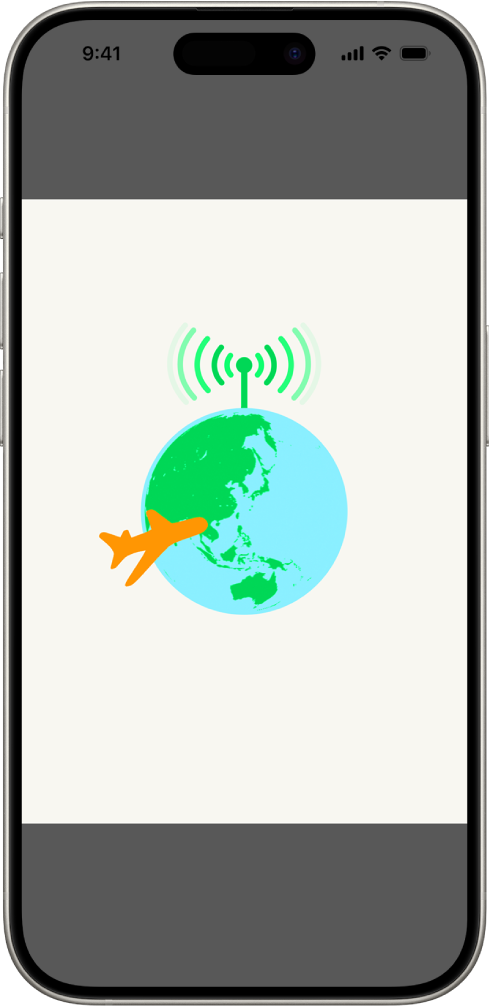Pantalla del iPhone con una ilustración del globo terráqueo. En la parte superior del globo terráqueo hay una señal de radio y un avión que vuela alrededor de él.