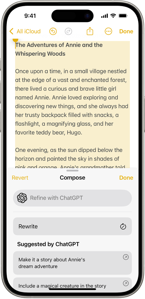 iPhone con texto en la app Notas. En la parte inferior de la pantalla está el cuadro de diálogo “Redactar con herramientas de escritura” que incluye opciones para describir un cambio, reescribir, seleccionar sugerencias de ChatGPT y mucho más.