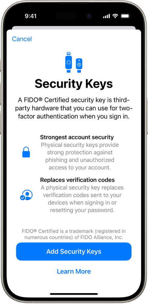 Security Keysi tervitussõnum. All on nupp Add Security Keys ja link Learn More. Nende kohal on selgitav tekst turvavõtmete kasutamise eeliste kohta.