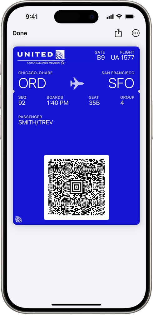Pardakaart rakenduses Wallet, kus on kirjas lennuinfo ning QR-kood allservas.