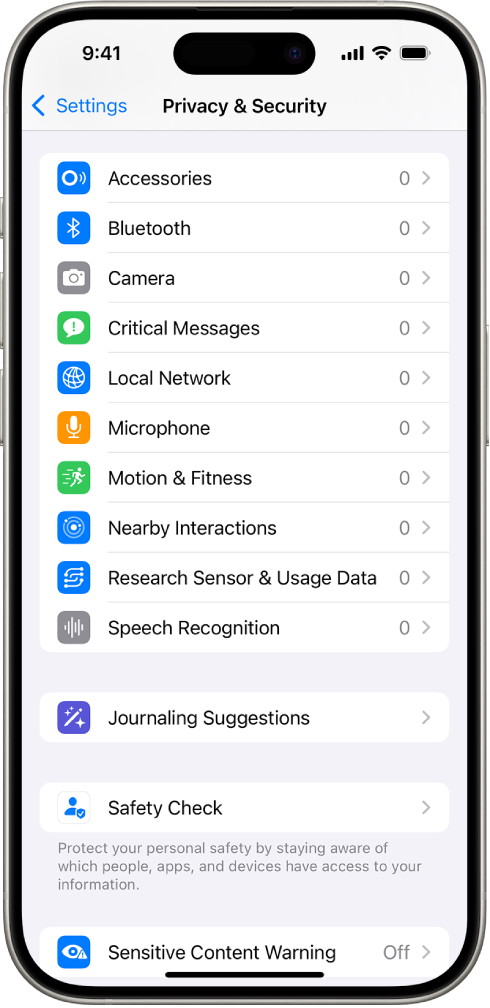 Kuva Privacy & Security, kus on seaded selle kohta, millistel rakendustel on juurdepääs iPhone’i kaamerale, mikrofonile ja teistele osadele.