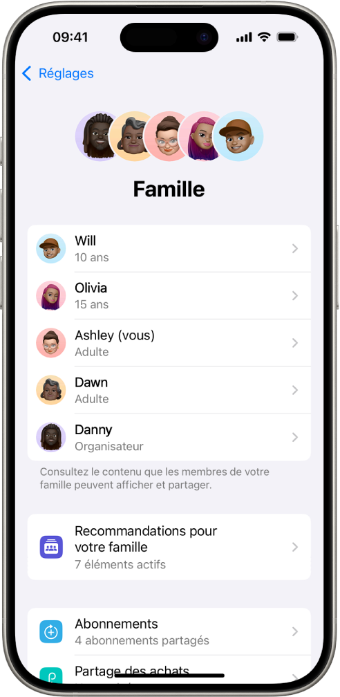 Écran Partage familial dans Réglages. Cinq membres d’une famille sont répertoriés. Sous leur nom se trouvent des recommandations familiales, ainsi que les options Abonnements et « Partage des achats ».