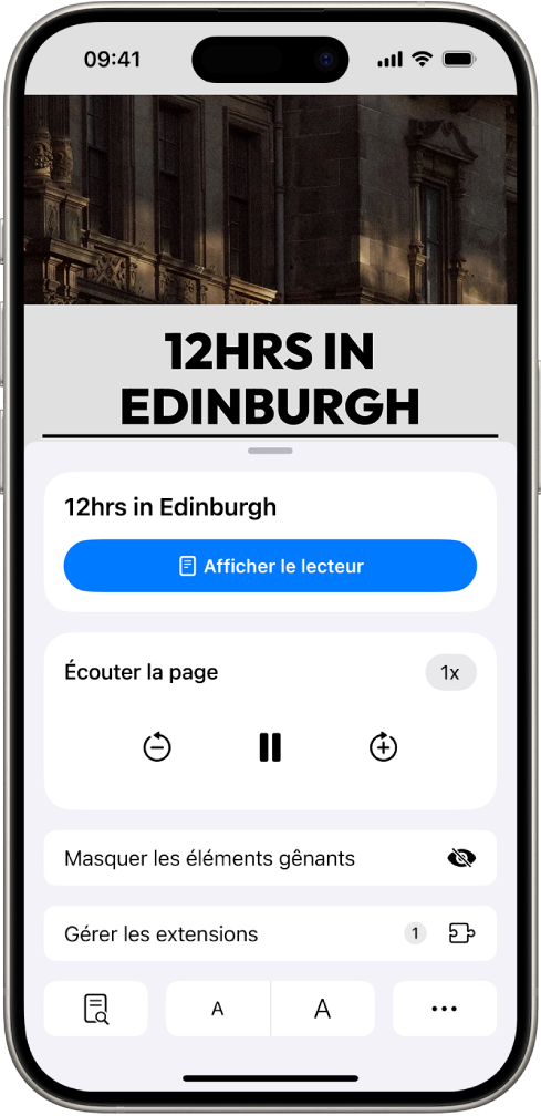 Un site web est ouvert dans Safari. Le bouton « Réglages de la page » est sélectionné et les commandes d’écoute sont affichées.