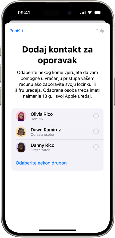 Zaslon Dodaj kontakt za oporavak