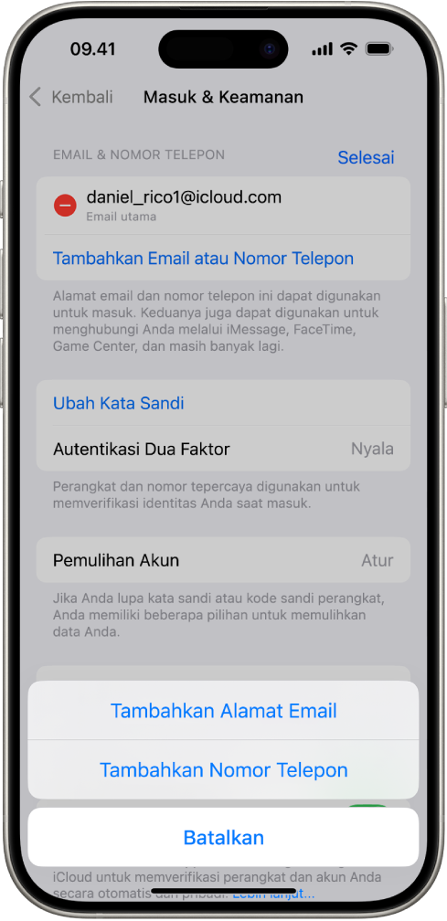 Layar Masuk & Keamanan di Pengaturan.