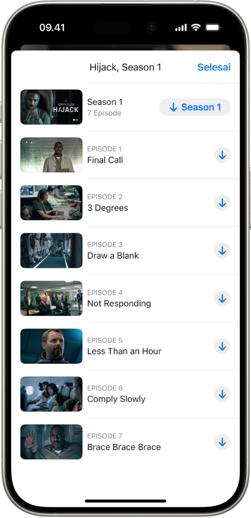 Tab Apple TV+ yang menampilkan daftar episode dari Apple Original. Tombol untuk mengunduh seluruh season dan setiap episode muncul di sisi kanan layar.