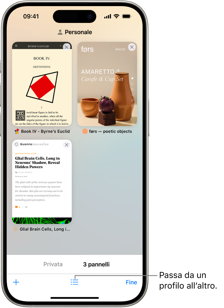 Una schermata di iPhone con i pannelli aperti di Safari. Nella parte inferiore dello schermo è presente l’icona dei gruppi di pannelli di Safari. L’icona viene toccata per passare da un profilo all’altro.