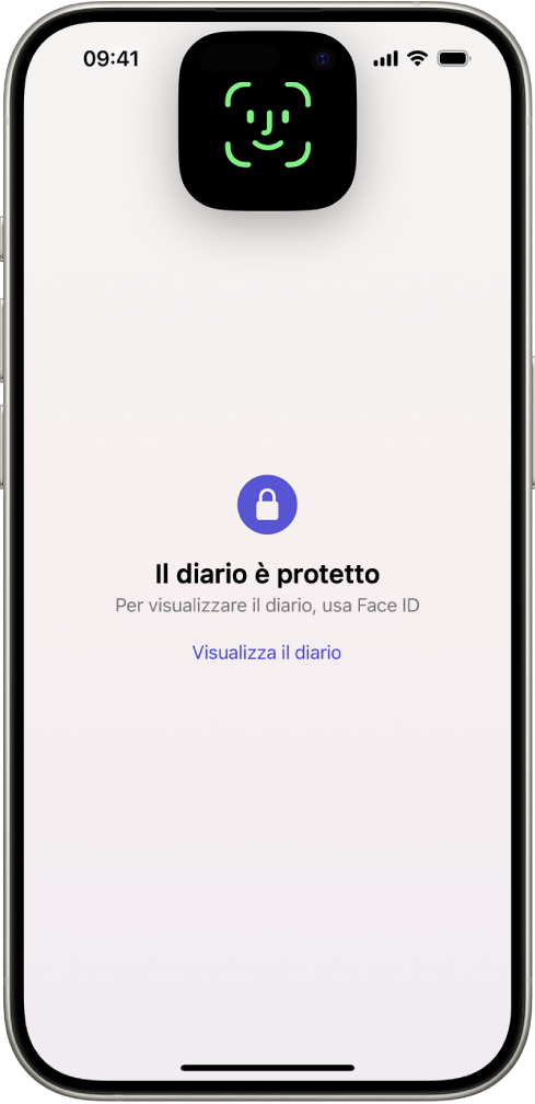 Una schermata che chiede di utilizzare Face ID per sbloccare il diario.
