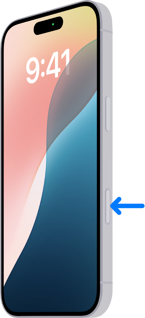 화살표가 iPhone 측면에 있는 카메라 컨트롤의 위치를 가리킴.