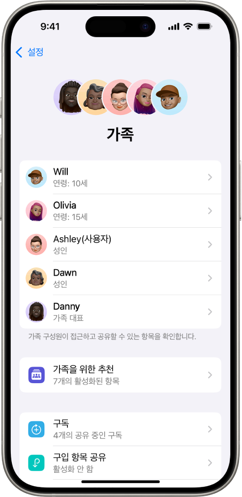 설정 앱의 가족 공유 화면. 다섯 명의 가족 구성원이 나열되어 있고 네 개의 구독이 가족과 공유되어 있음.