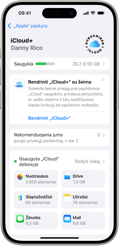 „iCloud“ nustatymų ekrane rodomas „iCloud“ saugykla“ matuoklis, funkcijų, kurias galima naudoti su „iCloud“, sąrašas, įskaitant „Nuotraukos“, „iCloud Drive“ ir „iCloud“ atsarginė kopija“.