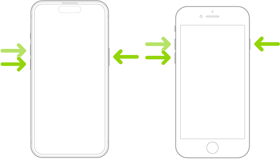 Dviejų į viršų atsuktų „iPhone“ modelių iliustracija, viename yra pradžios mygtukas, o kitame – nėra. Kiekvieno „iPhone“ modelio garsumo mygtukai yra kairėje pusėje, o šoninis mygtukas – dešinėje.