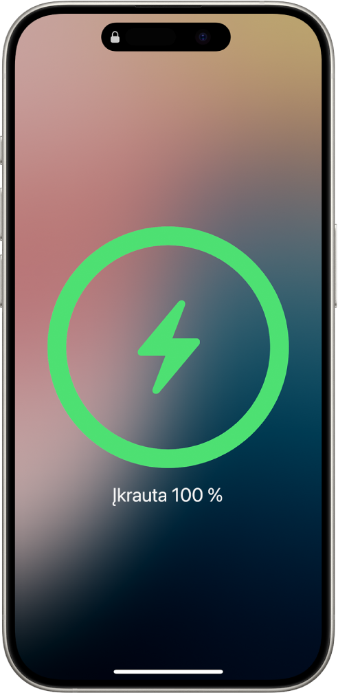 „iPhone“ ekranas, kuriame matyti, kad akumuliatorius įkrautas 100 %.