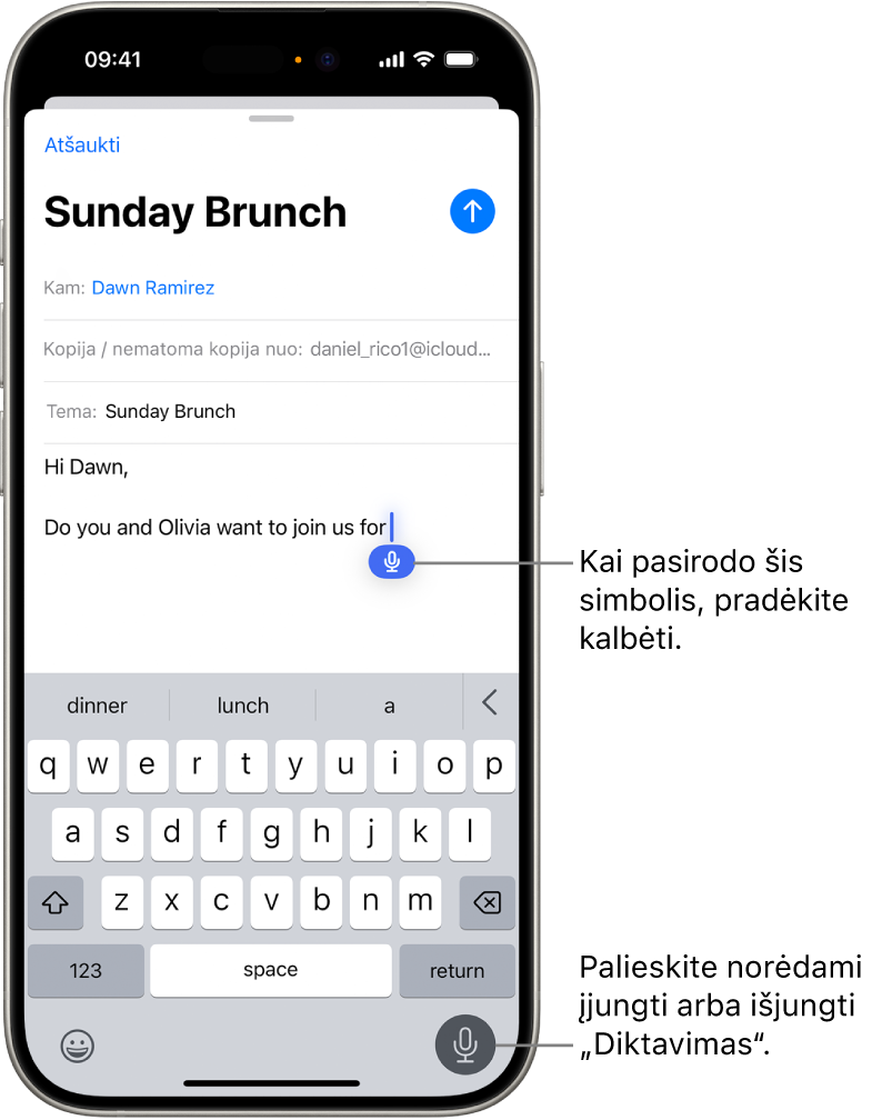 Ekraninė klaviatūra atidaryta programoje „Mail“. Pasirenkamas ekrano apatiniame dešiniajame kampe esantis mygtukas „Diktavimas“, kuris atsiranda po įterpimo tašku teksto lauke.