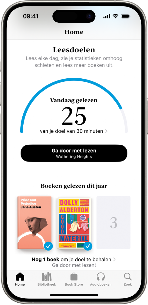 Het scherm 'Leesdoelen', met daarin statistieken voor de gebruiker, zoals wat je vandaag hebt gelezen, je leeslijst voor de week en de boeken die je dit jaar hebt gelezen. Onderin staan de tabs 'Home' (geselecteerd), 'Bibliotheek', 'Book Store', 'Audioboeken' en 'Zoek'.