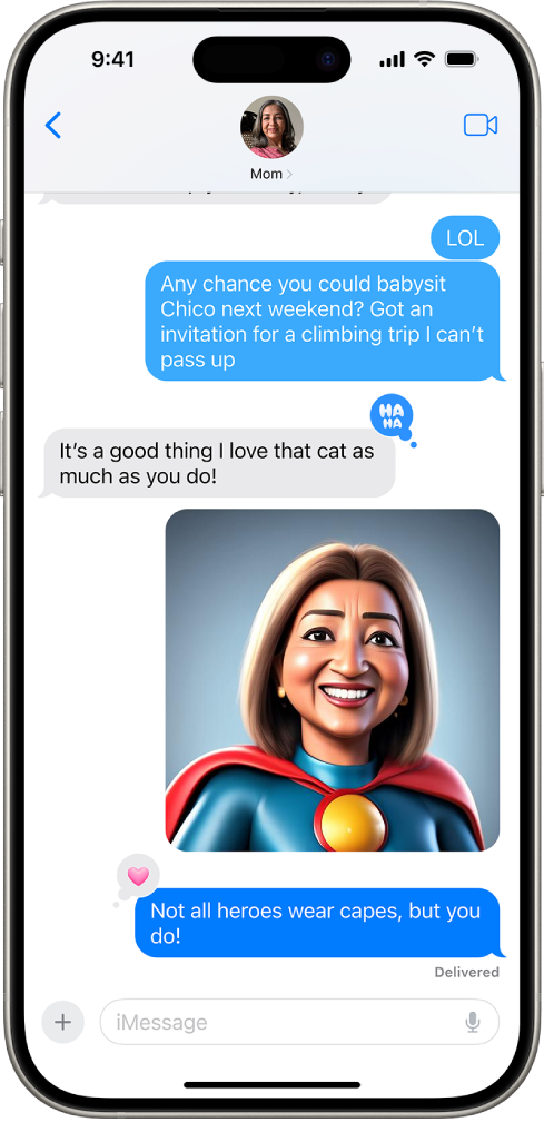Een iPhone met een gesprek in de Berichten-app. Een afbeelding die met Image Playground is gemaakt staat in het midden van het scherm.