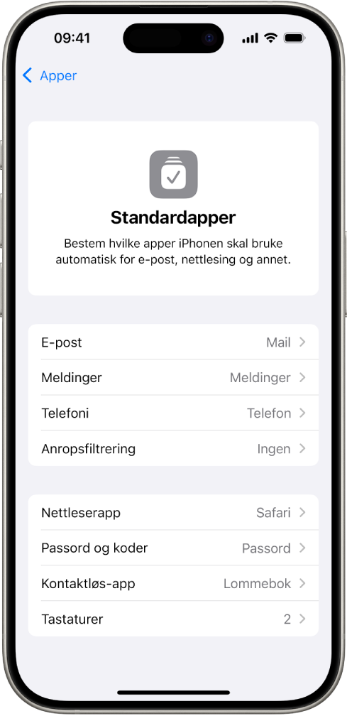 Skjermen for å endre standardapper for e-post, nettsurfing og annet.