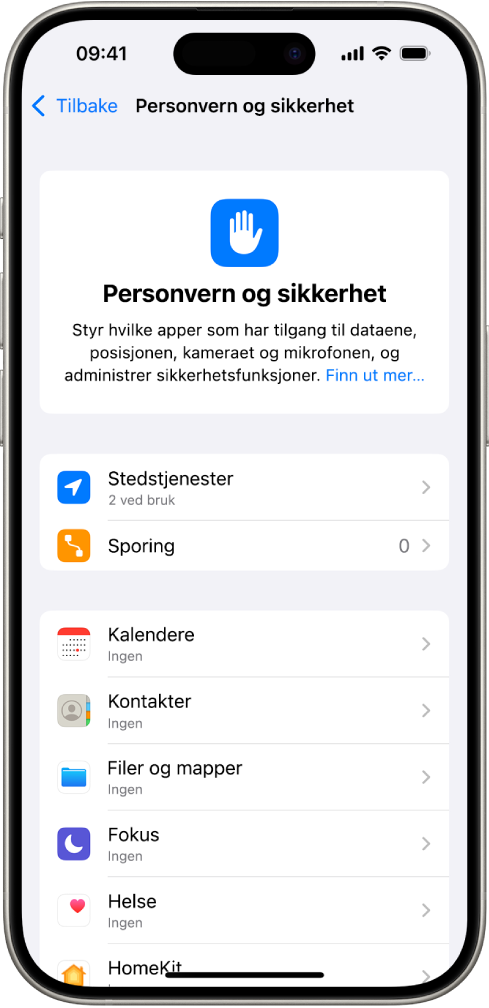 Personvern og sikkerhet-skjermen i Innstillinger.