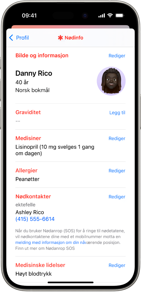 En Nødinfo-skjerm med informasjon om fødselsdato, medisiner, allergier, nødkontakter og medisinske tilstander.